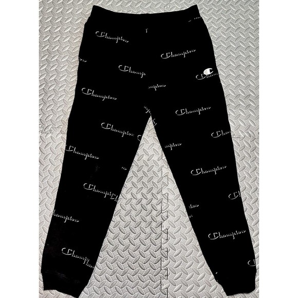 Champion Reverse Weave All Over Logo Print Black Boy 60% cotton Joggers Pants XL - Picture 2 of 11